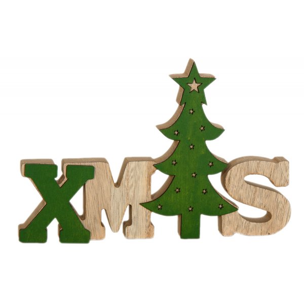 Χριστουγεννιάτικο Διακοσμητικό Ξύλινο "XMAS", με Πράσινο Δεντράκι (24cm)